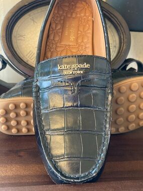 New Kate Spade Black “DECK” Croc-Embossed Leather Driving Loafers with Tan Sole